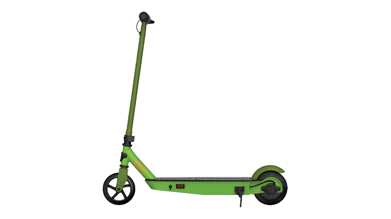Side view of a green Razor E90 Electric Scooter showing the deck, rear motor, and kickstand Side view of a green Razor E90 Electric Scooter showing the deck, rear motor, and kickstand