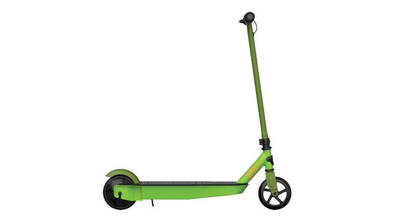 Side profile view of a green Razor E90 Electric Scooter with black wheels, a black deck, and a rear fender Side profile view of a green Razor E90 Electric Scooter with black wheels, a black deck, and a rear fender