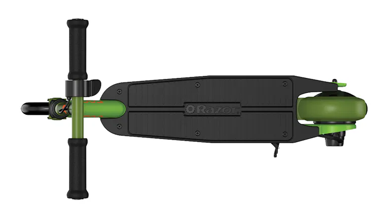 Top-down view of a green Razor E90 Electric Scooter with a black grip deck and handlebars Top-down view of a green Razor E90 Electric Scooter with a black grip deck and handlebars