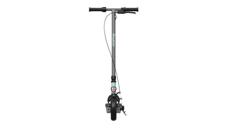 Front view of the Razor electric scooter featuring a wide tyre, brake cable, and compact frame Front view of the Razor electric scooter featuring a wide tyre, brake cable, and compact frame