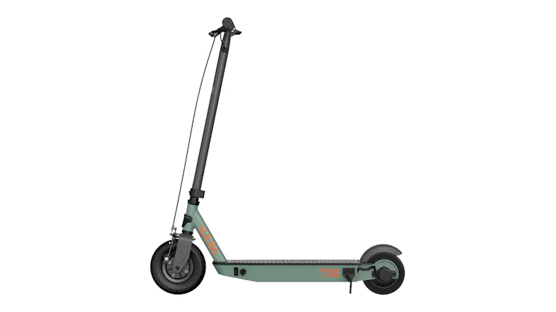 Side profile of the XLR150 electric scooter with mint-green deck, rear motor, and kickstand Side profile of the XLR150 electric scooter with mint-green deck, rear motor, and kickstand