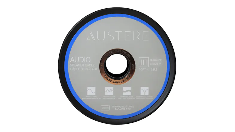 Straight-on view of the Austere III Series Speaker Cable spool highlighting the circular reel design Straight-on view of the Austere III Series Speaker Cable spool highlighting the circular reel design
