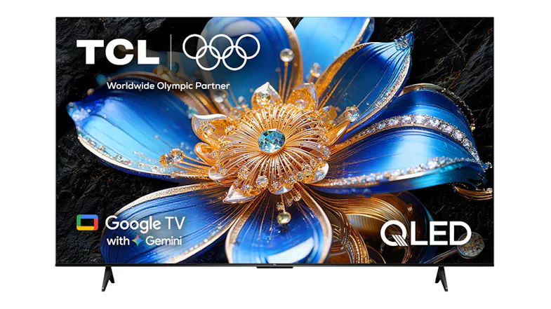 Front view of the TCL 75-inch P7LS QLED TV on dual feet, showing a vivid blue and gold floral image on screen Front view of the TCL 75-inch P7LS QLED TV on dual feet, showing a vivid blue and gold floral image on screen