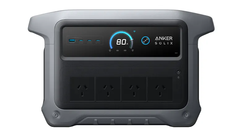 Front view of Anker SOLIX portable power station with digital display, USB ports, and four AC outlets Front view of Anker SOLIX portable power station with digital display, USB ports, and four AC outlets