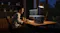 Person working at a desktop computer in a dimly lit home office at night, with a portable power station on the desk Person working at a desktop computer in a dimly lit home office at night, with a portable power station on the desk