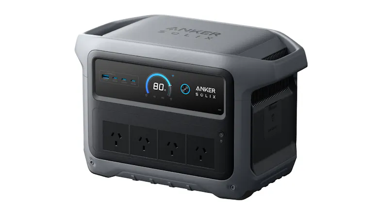 Angled front-right view of Anker SOLIX portable power station showing display, outlets, and carry handles Angled front-right view of Anker SOLIX portable power station showing display, outlets, and carry handles