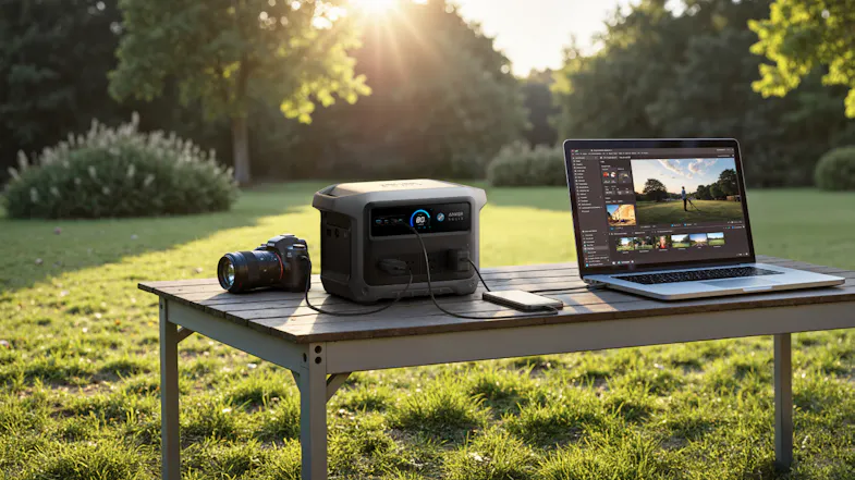 Anker SOLIX portable power station charging a laptop and phone outdoors beside a camera Anker SOLIX portable power station charging a laptop and phone outdoors beside a camera