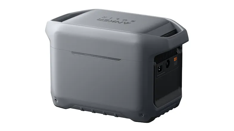 Rear-right angle view of Anker SOLIX portable power station showing side charging ports and venting Rear-right angle view of Anker SOLIX portable power station showing side charging ports and venting