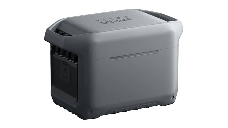 Rear-left angle view of Anker SOLIX portable power station with side storage compartment and vents Rear-left angle view of Anker SOLIX portable power station with side storage compartment and vents