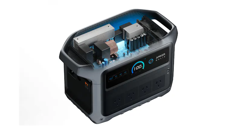 Transparent view of Anker SOLIX power station highlighting internal electronics, cooling system, and display Transparent view of Anker SOLIX power station highlighting internal electronics, cooling system, and display