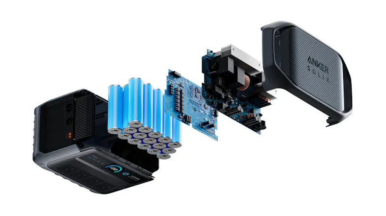 Expanded view of Anker SOLIX portable power station showing battery cells, circuit boards, and outer casing Expanded view of Anker SOLIX portable power station showing battery cells, circuit boards, and outer casing