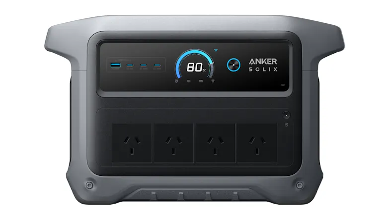 Front view of Anker SOLIX portable power station with LCD, USB ports, and four AC outlets Front view of Anker SOLIX portable power station with LCD, USB ports, and four AC outlets