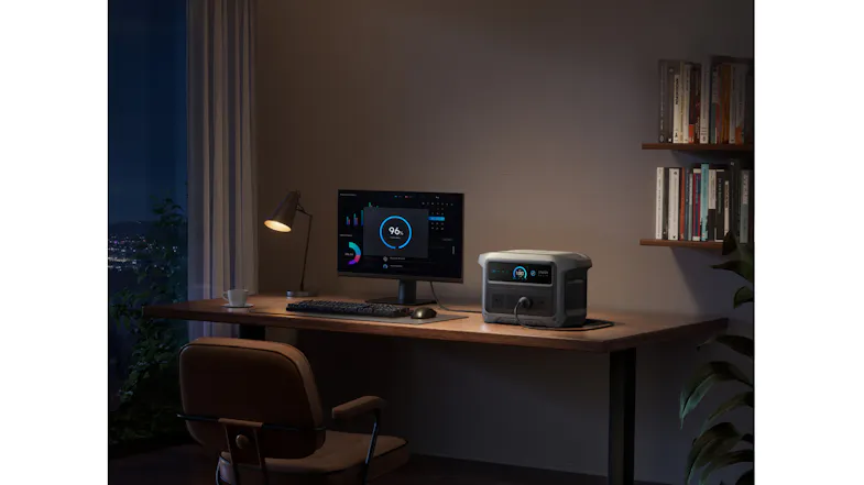 Anker SOLIX portable power station powering a desktop computer in a home office at night Anker SOLIX portable power station powering a desktop computer in a home office at night