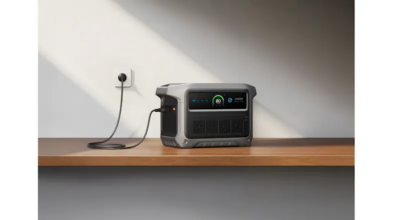 Anker SOLIX portable power station charging from a wall outlet on a wooden shelf Anker SOLIX portable power station charging from a wall outlet on a wooden shelf