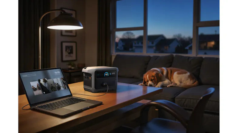 Anker SOLIX portable power station charging a laptop in a living room, with a dog resting on a nearby sofa Anker SOLIX portable power station charging a laptop in a living room, with a dog resting on a nearby sofa