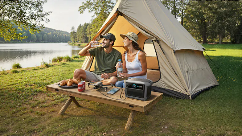 Anker SOLIX portable power station charging devices at a lakeside campsite beside a tent and picnic table Anker SOLIX portable power station charging devices at a lakeside campsite beside a tent and picnic table
