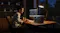 Person working at a desktop computer in a dimly lit home office at night, with a portable power station on the desk Person working at a desktop computer in a dimly lit home office at night, with a portable power station on the desk