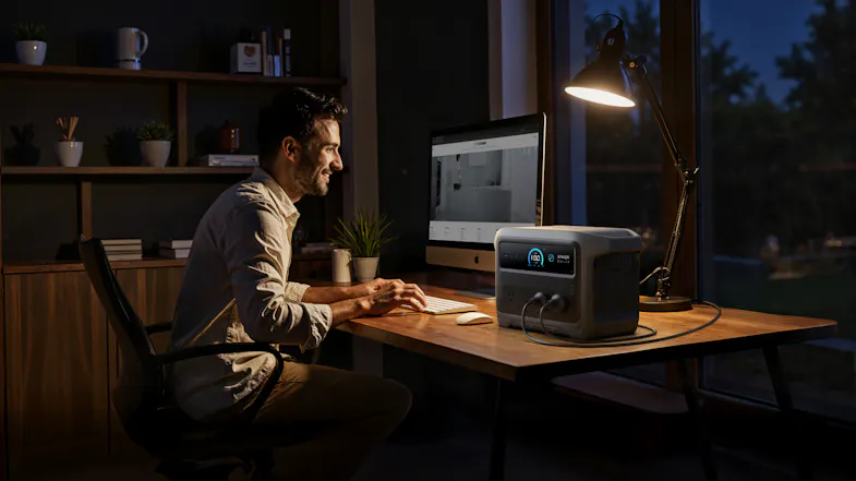 Person working at a desktop computer in a dimly lit home office at night, with a portable power station on the desk Person working at a desktop computer in a dimly lit home office at night, with a portable power station on the desk