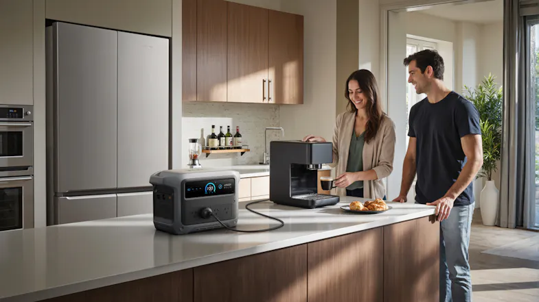 Anker SOLIX portable power station powering a coffee machine on a kitchen island during breakfast Anker SOLIX portable power station powering a coffee machine on a kitchen island during breakfast