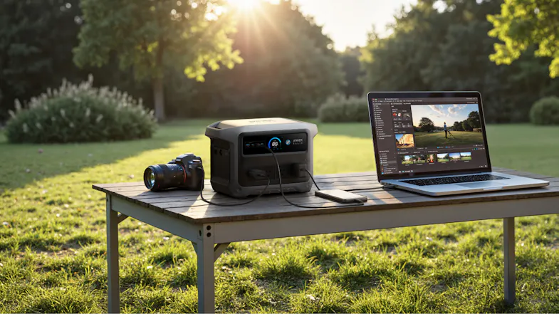 Anker SOLIX portable power station charging a laptop and phone outdoors beside a camera Anker SOLIX portable power station charging a laptop and phone outdoors beside a camera