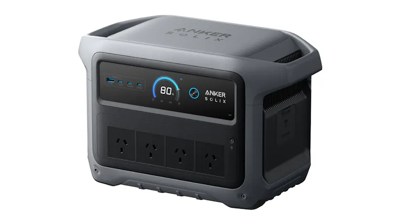 Angled front-right view of Anker SOLIX portable power station showing display, outlets, and side panel Angled front-right view of Anker SOLIX portable power station showing display, outlets, and side panel
