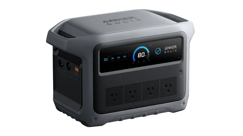 Angled front-left view of Anker SOLIX portable power station with battery display, ports, and four outlets Angled front-left view of Anker SOLIX portable power station with battery display, ports, and four outlets