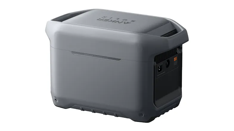 Rear-right angled view of Anker SOLIX portable power station showing side charging port and rugged design Rear-right angled view of Anker SOLIX portable power station showing side charging port and rugged design