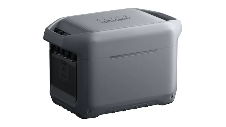 Rear-left angled view of Anker SOLIX portable power station, highlighting the side storage compartment and casing Rear-left angled view of Anker SOLIX portable power station, highlighting the side storage compartment and casing