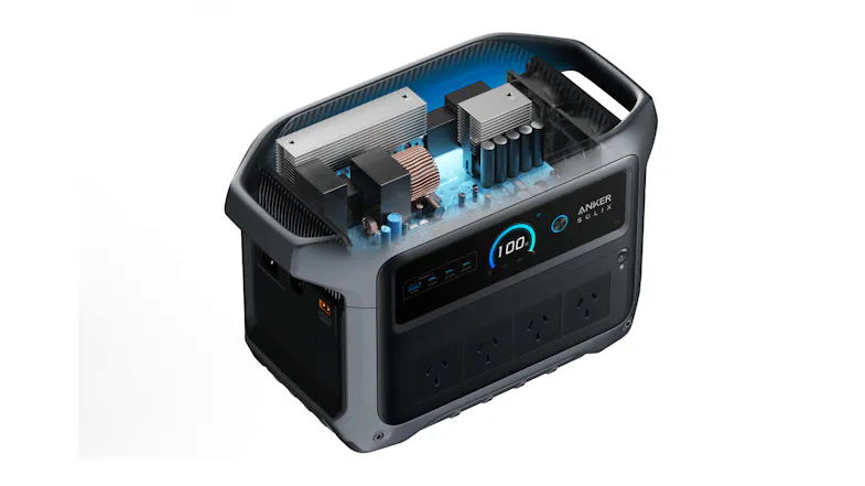 Transparent view of Anker SOLIX power station highlighting internal electronics, cooling system, and display Transparent view of Anker SOLIX power station highlighting internal electronics, cooling system, and display