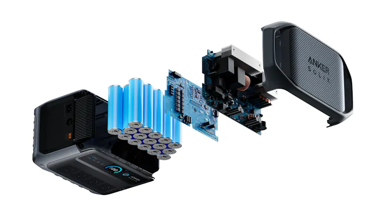 Expanded view of Anker SOLIX portable power station showing battery cells, circuit boards, and outer casing Expanded view of Anker SOLIX portable power station showing battery cells, circuit boards, and outer casing