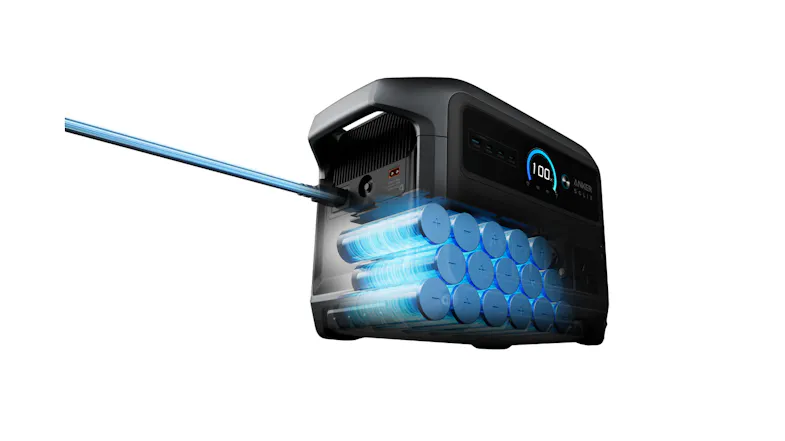 Anker SOLIX power station with transparent casing illustration highlighting internal battery pack and charging flow Anker SOLIX power station with transparent casing illustration highlighting internal battery pack and charging flow