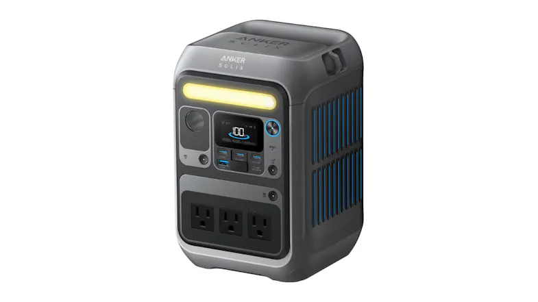 Side view of the Anker portable power station with LCD, USB ports, LED light, and three AC outlets Side view of the Anker portable power station with LCD, USB ports, LED light, and three AC outlets