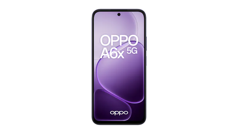 Front view of the OPPO A6x 5G smartphone with a purple display, centred punch-hole camera, and slim black bezels Front view of the OPPO A6x 5G smartphone with a purple display, centred punch-hole camera, and slim black bezels