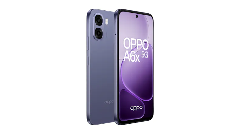 OPPO A6x 5G smartphone shown from front and rear angles, featuring a purple finish, dual cameras, and flat edges OPPO A6x 5G smartphone shown from front and rear angles, featuring a purple finish, dual cameras, and flat edges