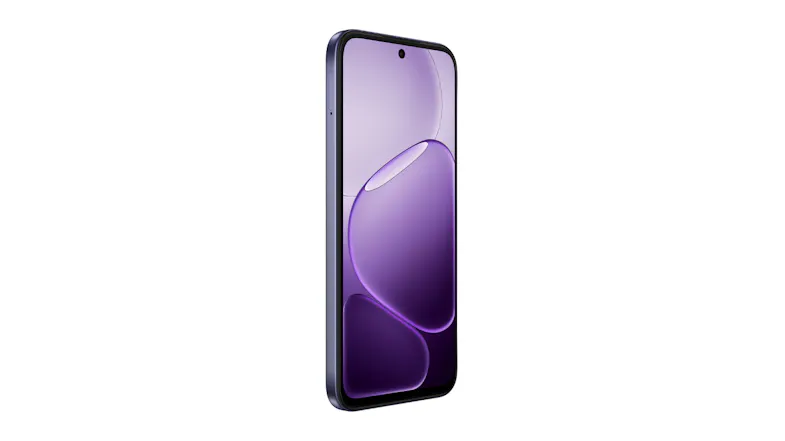 Angled view of the OPPO A6x 5G smartphone showing a purple screen, flat frame, and side-profile design Angled view of the OPPO A6x 5G smartphone showing a purple screen, flat frame, and side-profile design