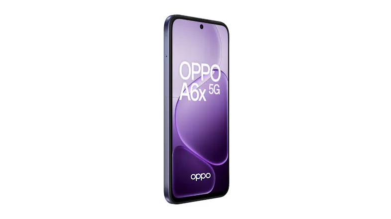 Three-quarter front view of the OPPO A6x 5G smartphone with a purple display and flat-edged frame Three-quarter front view of the OPPO A6x 5G smartphone with a purple display and flat-edged frame