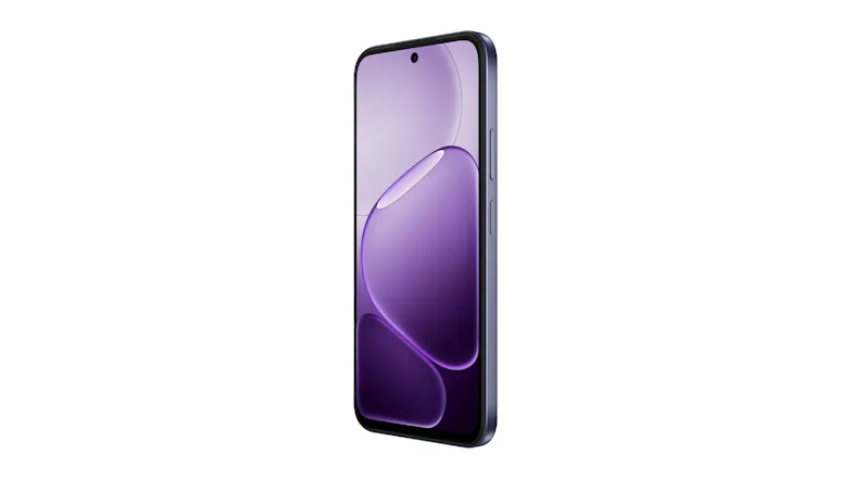 Angled front view of the OPPO A6x 5G smartphone with a purple display, punch-hole camera, and flat side frame Angled front view of the OPPO A6x 5G smartphone with a purple display, punch-hole camera, and flat side frame