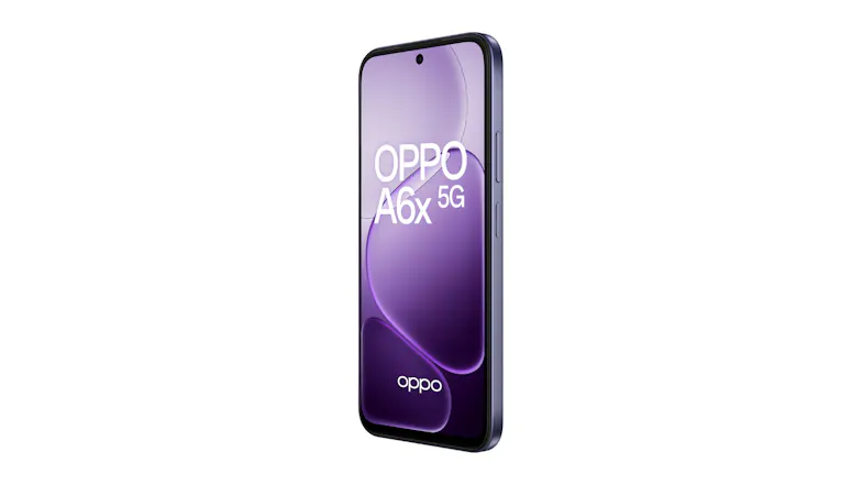 Three-quarter view of the OPPO A6x 5G smartphone showing a purple screen, branding, and a slim flat-edge design Three-quarter view of the OPPO A6x 5G smartphone showing a purple screen, branding, and a slim flat-edge design
