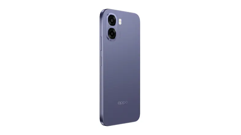 Rear three-quarter view of the OPPO A6x 5G in a purple finish, showing dual cameras, an LED flash, and a flat-edge design Rear three-quarter view of the OPPO A6x 5G in a purple finish, showing dual cameras, an LED flash, and a flat-edge design