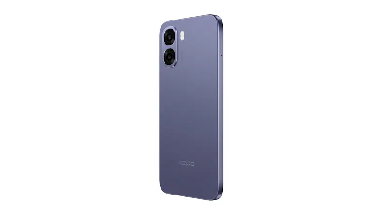 Angled rear view of the OPPO A6x 5G in a purple finish with a dual-camera module and slim flat frame Angled rear view of the OPPO A6x 5G in a purple finish with a dual-camera module and slim flat frame