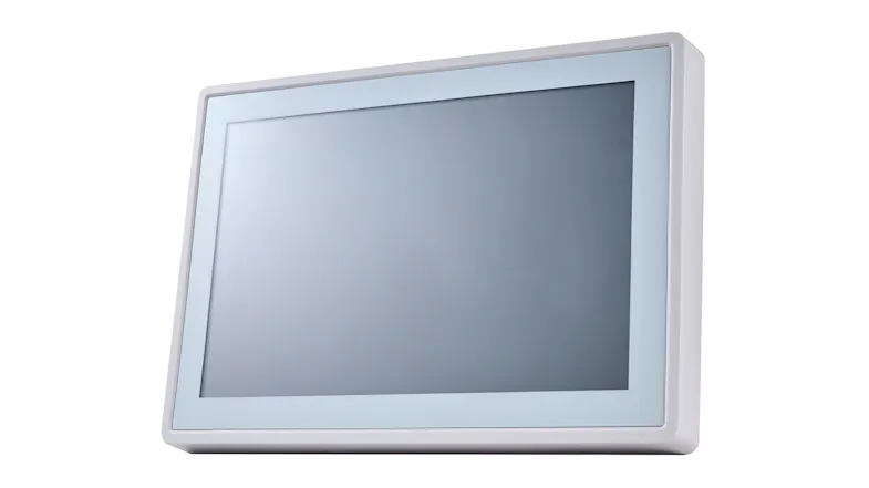 Angled view showcasing rectangular white frame with blank screen Angled view showcasing rectangular white frame with blank screen