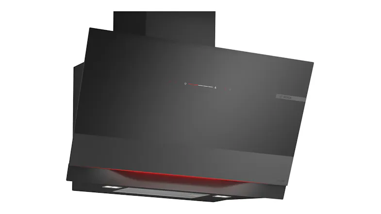 Three-quarter product view of Bosch Series 8 90cm rangehood with black glass finish Three-quarter product view of Bosch Series 8 90cm rangehood with black glass finish