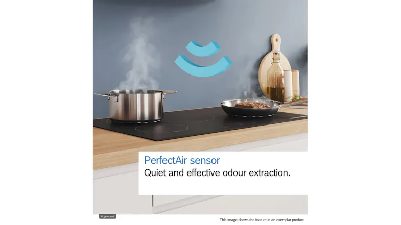 Illustration of Bosch PerfectAir sensor technology automatically detecting cooking vapours Illustration of Bosch PerfectAir sensor technology automatically detecting cooking vapours