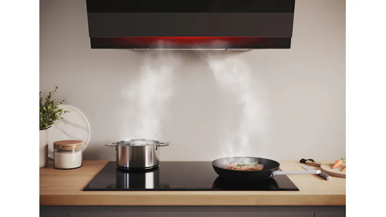 Bosch Series 8 rangehood extracting steam from cooking pots and pans, demonstrating powerful ventilation Bosch Series 8 rangehood extracting steam from cooking pots and pans, demonstrating powerful ventilation