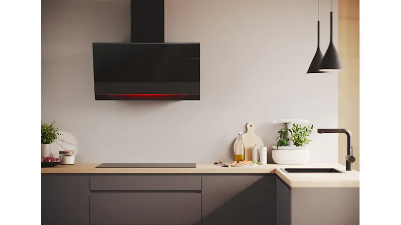 Bosch Series 8 black rangehood installed above a cooktop in a contemporary kitchen Bosch Series 8 black rangehood installed above a cooktop in a contemporary kitchen