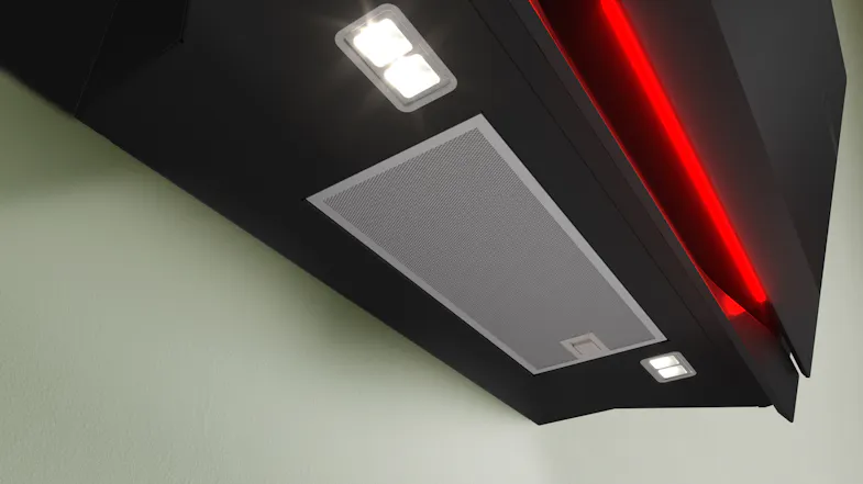 Underside close-up of the Bosch rangehood featuring metal grease filters and LED lighting Underside close-up of the Bosch rangehood featuring metal grease filters and LED lighting