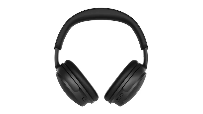 Front view of black headphones showing curved headband and earcups Front view of black headphones showing curved headband and earcups