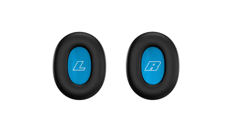 Pair of ear cushions showing bright L and R printed text Pair of ear cushions showing bright L and R printed text