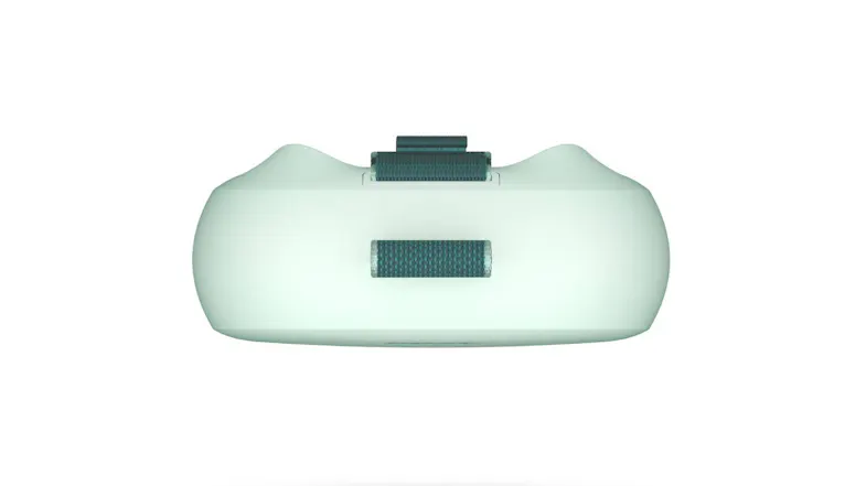 Top-down view of the speaker showing the compact shape, control area, and integrated mounting strap Top-down view of the speaker showing the compact shape, control area, and integrated mounting strap