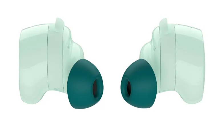 Side profile of the wireless earbuds highlighting the contoured shape and soft silicone ear tips for a secure fit Side profile of the wireless earbuds highlighting the contoured shape and soft silicone ear tips for a secure fit
